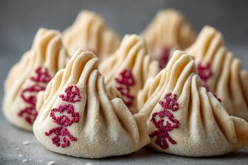 Chinese dumplings with red festive symbols on gray background, symbolizing prosperity and tradition for Lunar New Year marketing or cultural campaigns