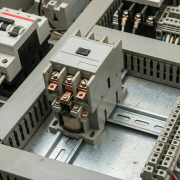 Magnetic contactor and electrical components mounted on DIN rail in control panel