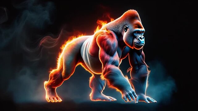 A muscular gorilla, aflame with fiery energy, strides boldly across a darkened background, radiating power