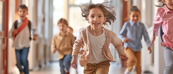 Happy school children running through a bright corridor with backpacks. Education lifestyle, friendship, energy and positive emotions during a joyful school day indoors.