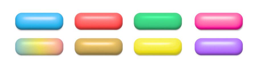 Set of colorful 3D matte buttons for web and app design. Realistic rounded interface elements in vibrant colors. Vector illustration.
