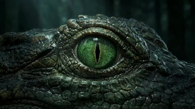 Mysterious green reptilian eye close up in a cinematic dark atmosphere