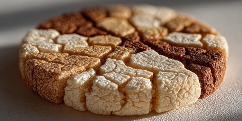 Minimalist close-up of circular stack of assorted polvor&oacute;n cookies with powdered sugar, evoking festive Christmas traditions and seasonal gatherings