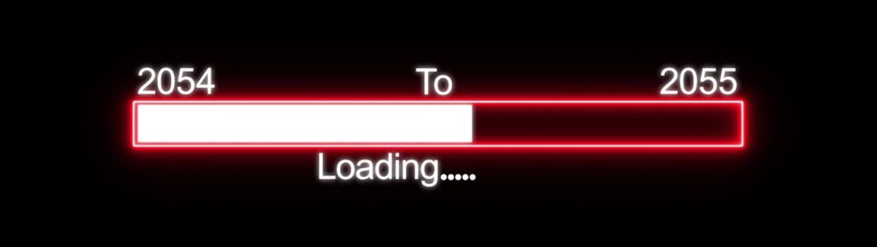 Loading progress bar from 2054 to 2055, neon red glowing, futuristic interface