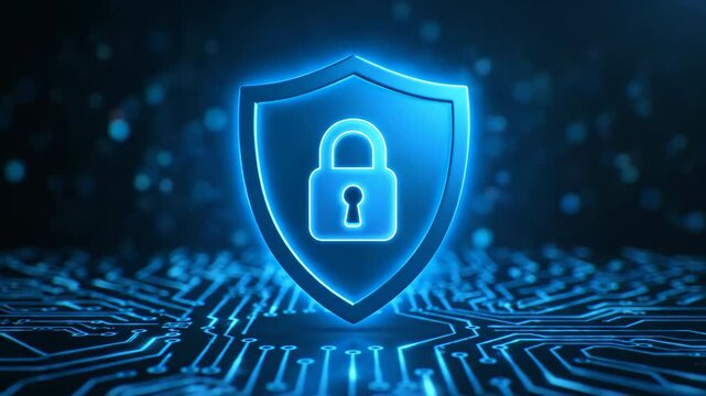 Glowing blue security shield with padlock icon over abstract digital circuit board background with bokeh lights.