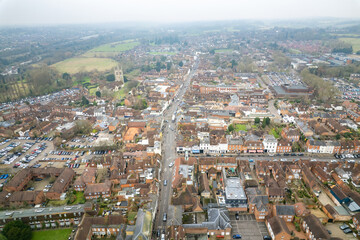 Fototapeta premium Aerial view of Farnham town center, Surrey, England. in a misty day