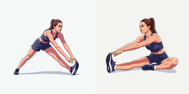 Young woman stretching hamstrings in athletic wear on light background, vector  