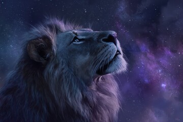 Naklejka premium Majestic lion gazing at a starry night with a ghostly halo in a moody fantasy illustration