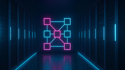 Futuristic data center corridor with neon blockchain network visualization