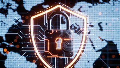 3D Cyber Security Padlock and Shield Icon. Glowing Neon Digital Lock on Dark Binary Code Background. Futuristic Data Protection, Encryption, and Internet Privacy Technology Concept Illustration.