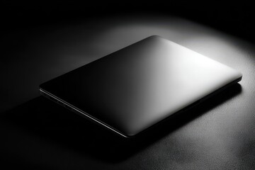 Turned-off laptop with a reflective screen in a dark moody setting