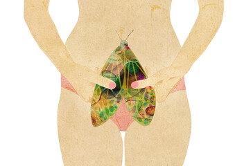 Ilustracja grafika sylwetka młodej kobiety w bieliźnie trzymającej ćmę motyla przed sobą. © Monika
