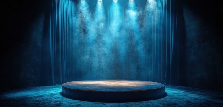 Circular stage platform with dramatic blue spotlights, atmospheric fog, and dark curtains