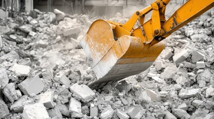 Heavy duty excavator machine bucket scooping large amounts of concrete debris from construction site