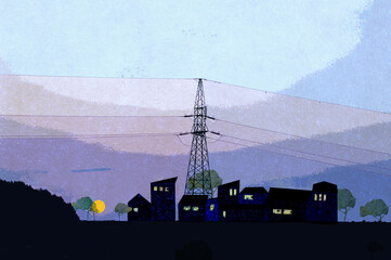 Ilustracja krajobraz miejski bajkowe domki słup elektryczny, tekstura. Hand made drawing. © Monika