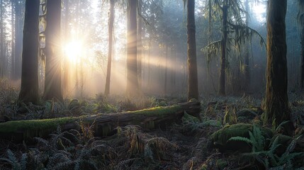 Golden sunbeams pierce the misty canopy of a lush green forest illuminating the dense undergrowth and ancient trees