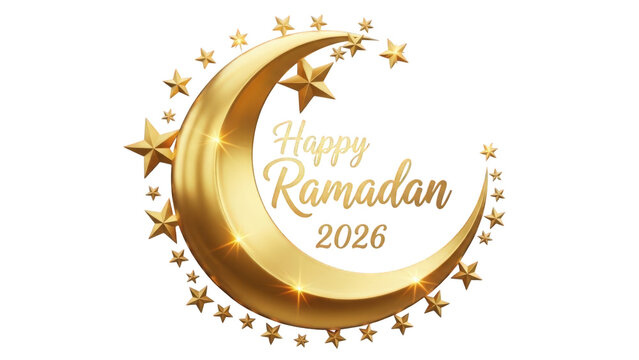 Happy ramadan 2026 greeting with golden crescent moon and stars isolated on transparent background