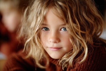 Fototapeta premium Child with curly hair sits and looks at camera indoors during daylight hours