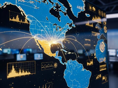 High-tech digital world map with connectivity lines centered on the Americas. Ideal for news broadcasting backgrounds, television reports, and articles on global geopolitics and trade strategy