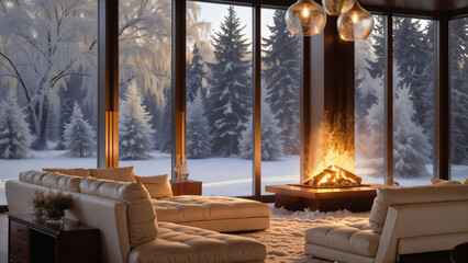 Cozy Modern Living Room with Fireplace and Snowy Forest View Through Large Windows