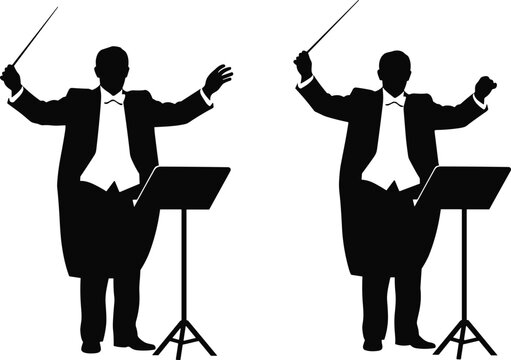 Orchestra conductor silhouettes, music performance, baton gesture, classical concert, symphony leader, formal suit, stage direction, artistic illustration, musical guidance, expressive pose