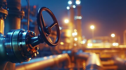 Industrial metallic valve handle turned firmly into place with blurred background lights at night