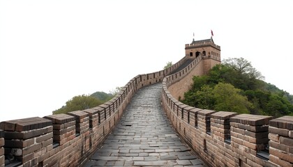Fototapeta premium The Great Wall of China winds its way up a mountain with a watchtower in the distance.