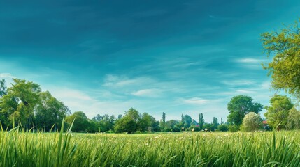 Fototapeta premium Lush Green Meadow Under Bright Sky with Fluffy Clouds and Vibrant Trees in Calm Landscape Scene