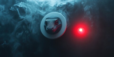Scaly reptilian head in a white disc, a bright red light glows within dark swirling smoke