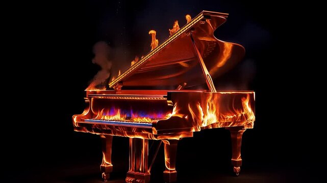 A grand piano on fire, flames consuming the instrument, set against a dark, contrasting backdrop