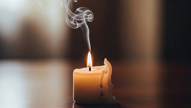 An extinguished candle sends a delicate plume of smoke into theair, symbolizing remembrance, loss, and the quiet end of a moment