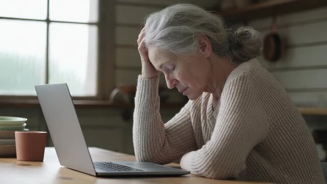 Senior woman stressed at laptop holds head showing frustration. Mature female tired from computer work. Senior with headache at laptop. Woman stressed using computer shows frustration at home.