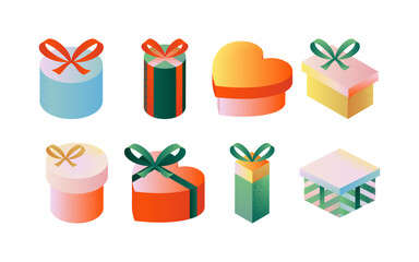 Present Gift Box Isometric Objects. Vector Illustration of Celebration Anniversary Isometry Sign Set Isolated Over White BG. Gradient Happy Birthday.