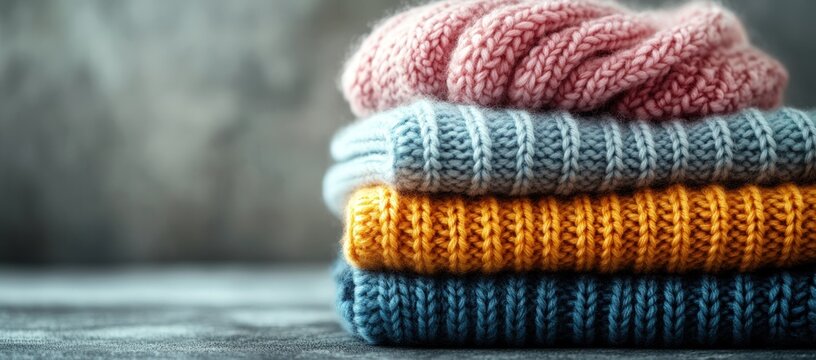 Cozy stack of colorful knitted sweaters on a gray background, showcasing warm textures