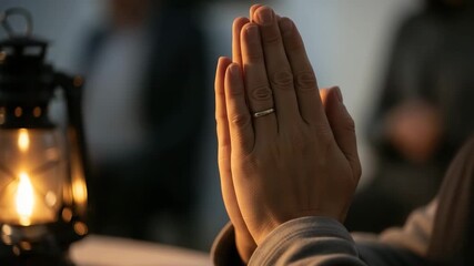Close up of woman hands in prayer during religious ceremony with lamp nearby, ramadan spiritual reflection footage.