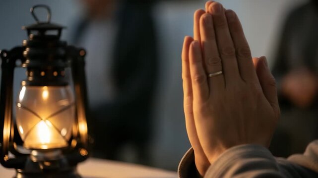 Woman praying with folded hands beside an antique oil lamp, for ramadan, offering devotion and spiritual connection footage