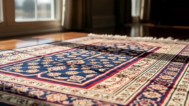 Traditional patterned prayer rug with sunlight and moving shadow over wood floor for spiritual devotion footage