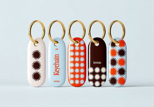 Five Keychain Mockup Set with Rounded Shape