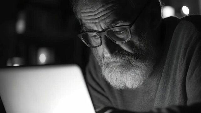 Man with a beard sitting in front of computer, appearing focused and deep in thought or working on a task.