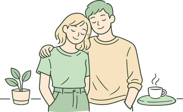 Image Generation. Two people embracing a green inspired moment, standing side by side with gentle body language and peaceful