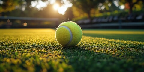 Tennis ball on sun-drenched green court grass during golden hour, low angle, blurred background