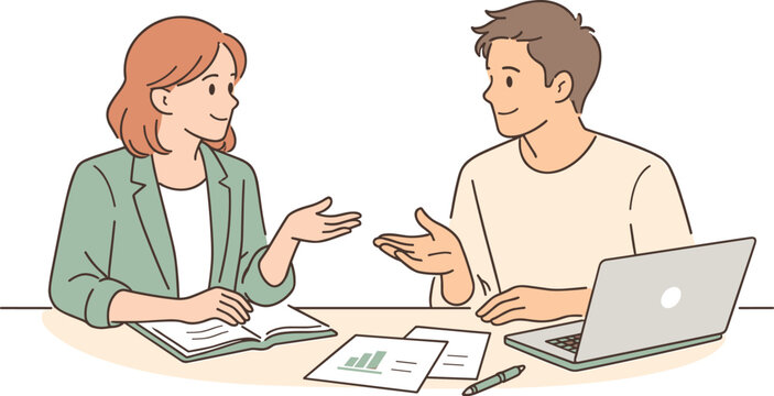 Image Generation. Man and woman discussing work strategy together, seated at a simple table with gentle hand gestures and