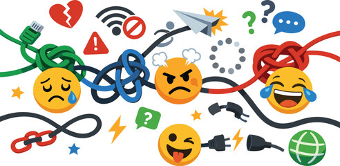 Fototapeta premium Image Generation. Abstract digital communication breakdown illustrated with knotted cables, expressive emojis, and scattered