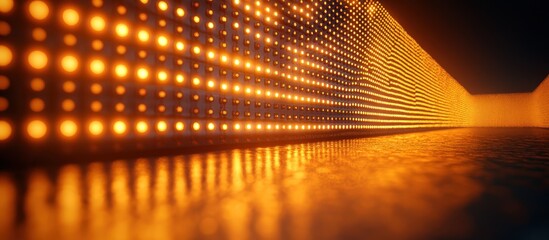 Glowing orange-yellow pixel wall tunnel with reflections on a shiny floor