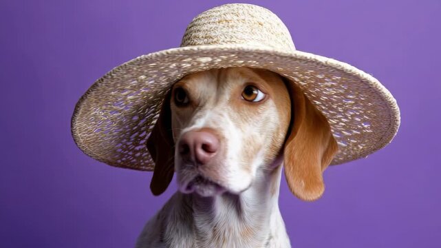 Curious dog wearing straw hat against purple background in expressive sequence