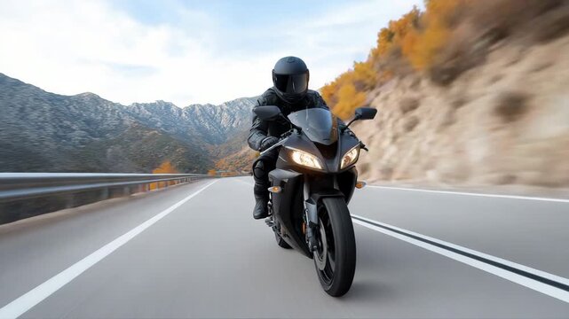 Motorcyclist speeding through mountainous terrain on a scenic highway
