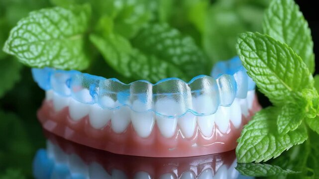 Mintfresh dental retainer in lush green leaf backdrop: health and hygiene concept