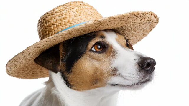 Charming dog adorably glances while wearing a straw hat against white background