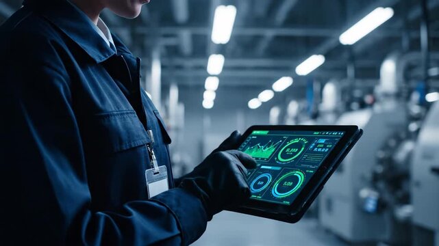 Industrial worker in blue collar uniform using a tablet to control machines in a factory.