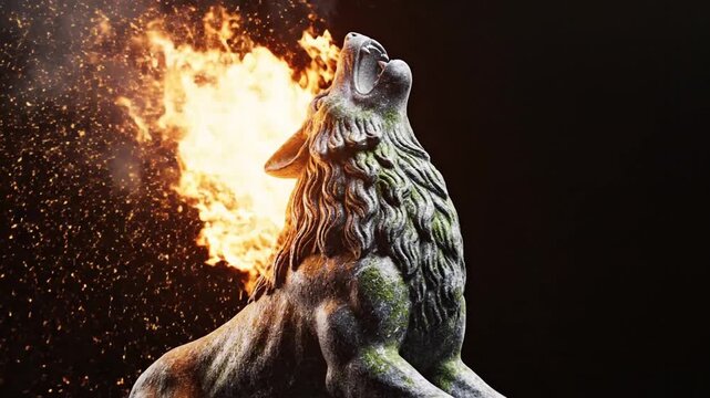 A weathered stone wolf sculpture howls, flame erupting from its mouth, set against a dark background